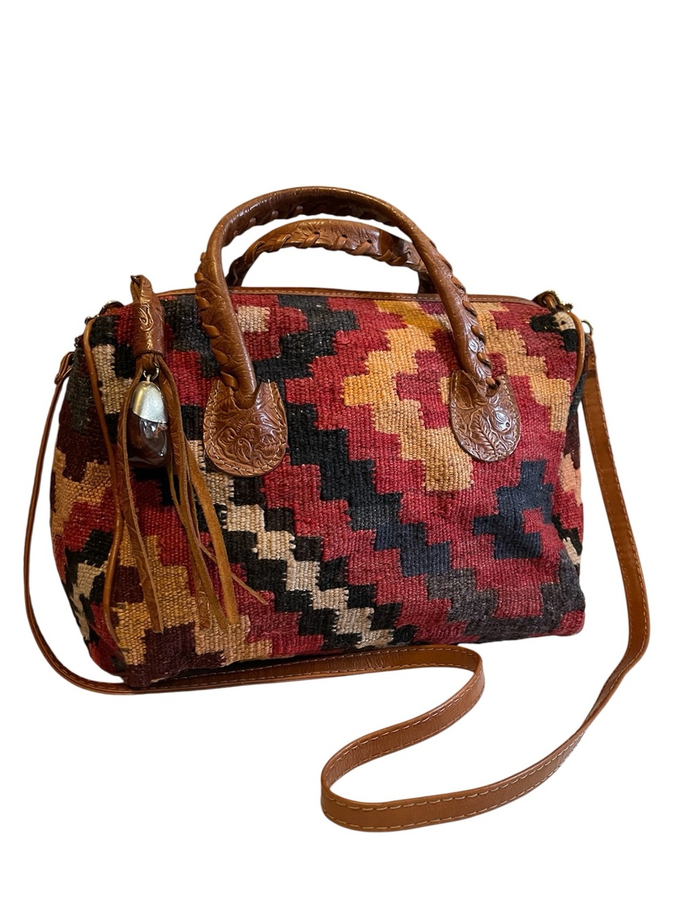 Vintage Marco Avane Kilim Satchel South Western Boho Carpet Bag Agate Leather
